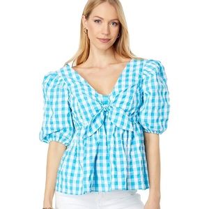 Lilly Pulitzer Sarafina‎ Short Sleeve Turquoise Oasis Crinkle Gingham Top Size 4